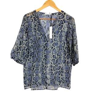 Three Eighty Two Top Snake Print 3/4 Sleeve Semi-Sheer Top Blue NWT Medium
